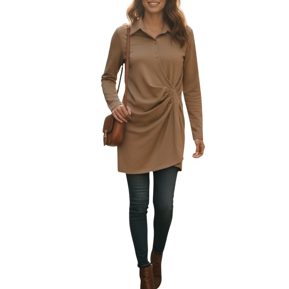 Zara Women's Mid Camel Longline Pleated Shirt Sz L Classic Collar Long Sleeve